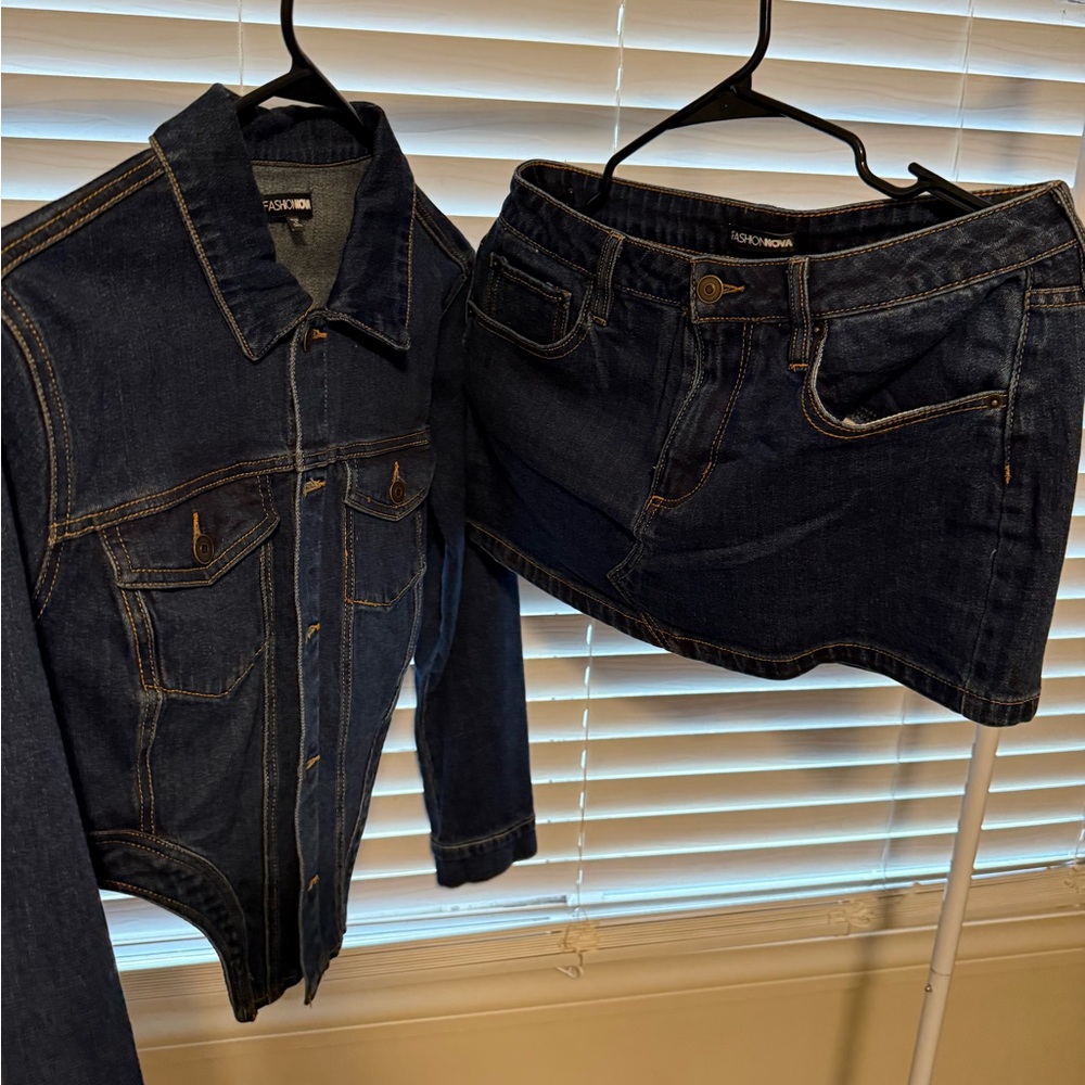 Fashion Nova Dark Blue Denim Jacket and Skirt Set